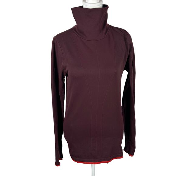 Athleta Maroon Turtleneck Top Orange Trim Medium Fitted Stretch Nylon Athletic - Picture 1 of 4